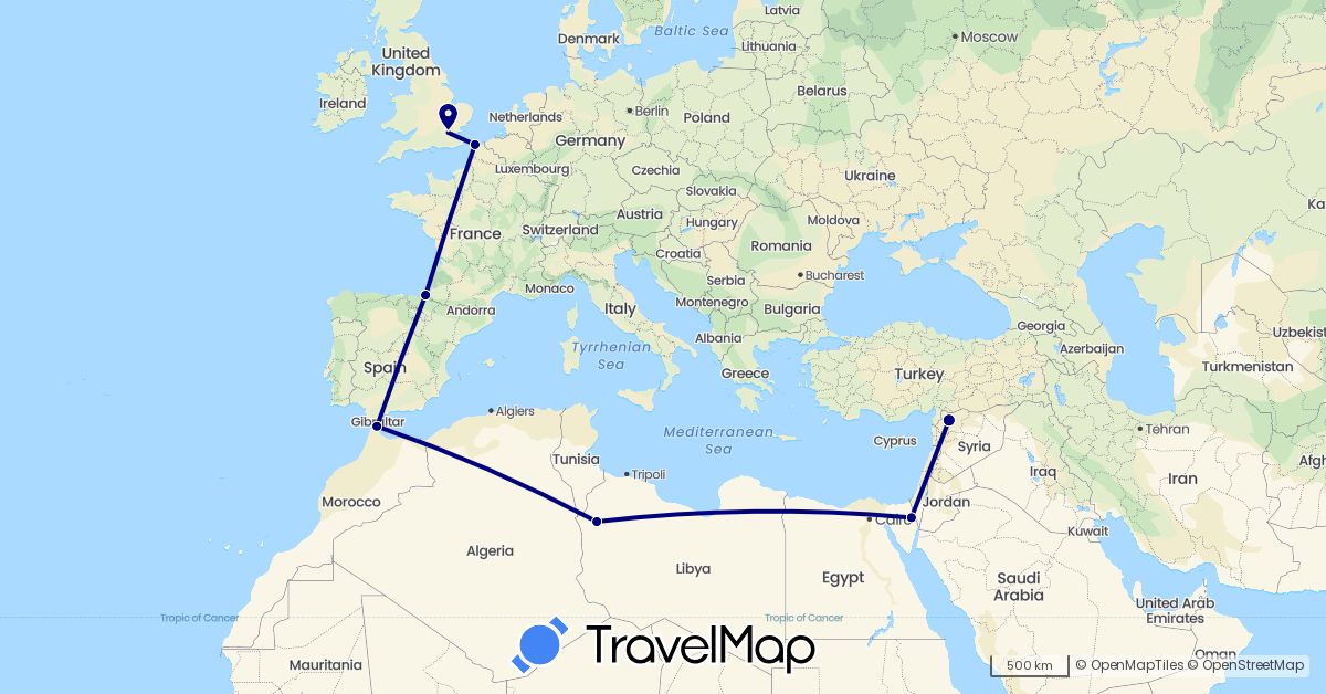 TravelMap itinerary: driving in Egypt, Spain, France, United Kingdom, Libya, Morocco, Syria (Africa, Asia, Europe)